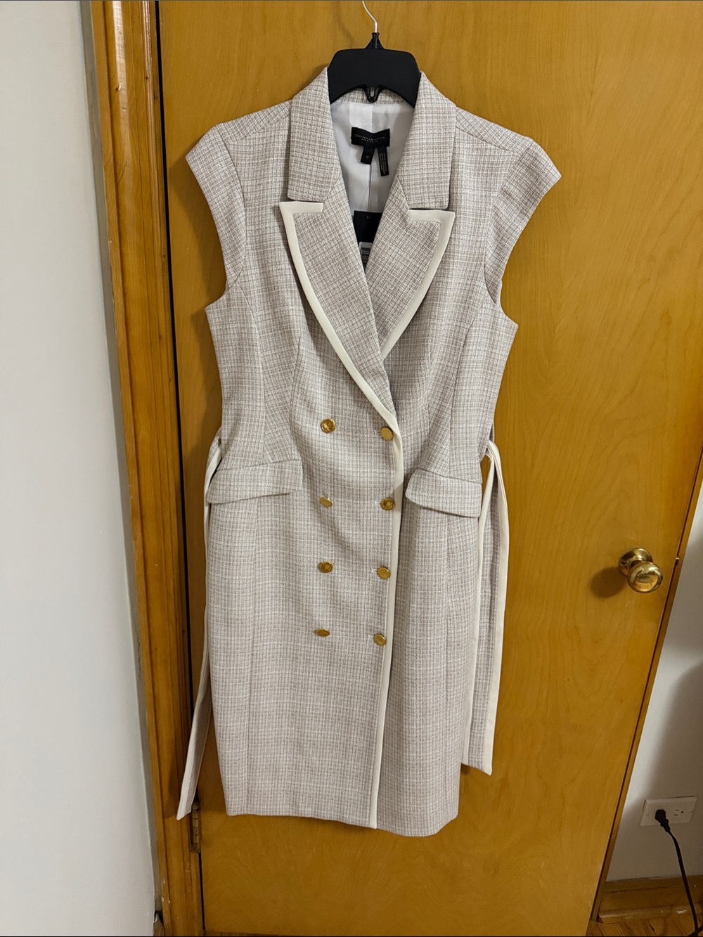 Donna Karan Beige Tweed Sleeveless Double-Breasted Midi Dress with Cream Trim